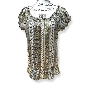 Cato Paisley Ruffle Short Sleeve Blouse Green Brown Boho Top Size S EUC